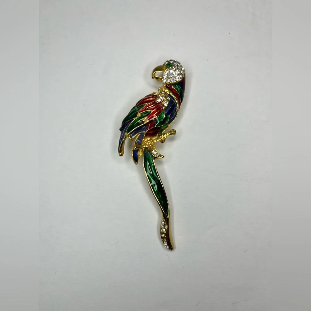 Vintage Multi Color‎ Cloisonne Enamel Rhinestone Tropical Bird Parrot Brooch Pin